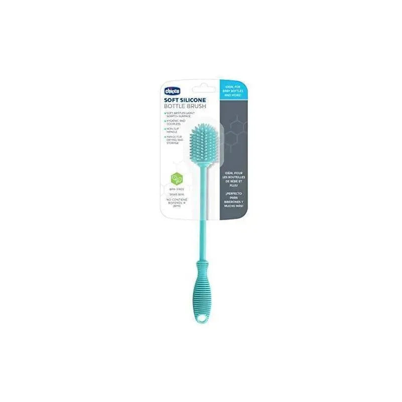 Chicco Silicone Bottle Brush with a soft, flexible head and non-slip handle, designed for safe bottle cleaning.