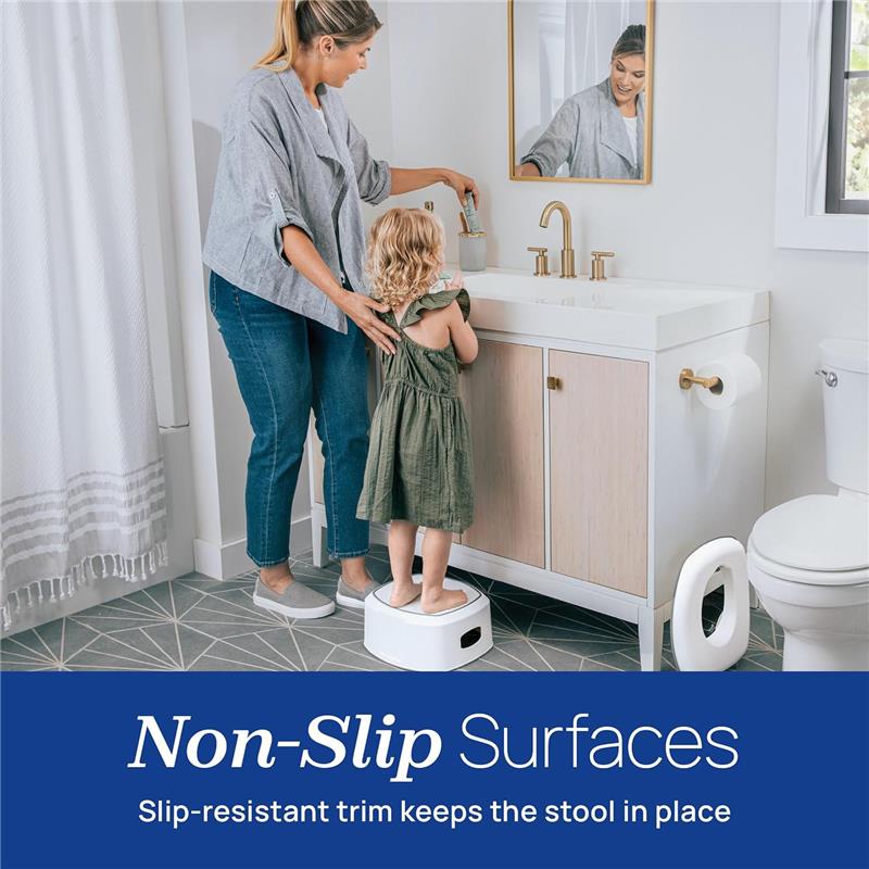 Chicco Single Step Stool with a parent helping a child reach the sink, highlighting non-slip surfaces for safety.