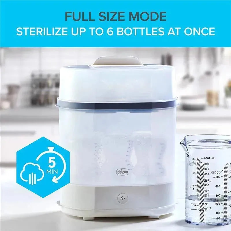 Chicco Steam Sterilizer 3-In-1 Modular System with a timer indicator, sterilizes up to 6 bottles in 5 minutes.