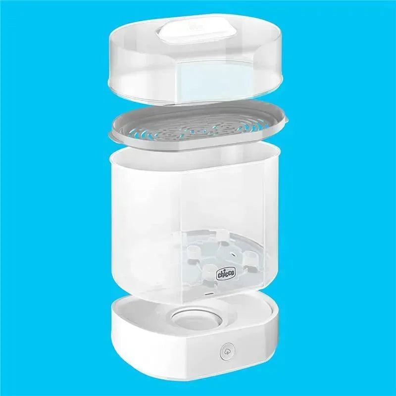 Chicco Steam Sterilizer 3-In-1 Modular System with transparent compartments and a base featuring a power button.