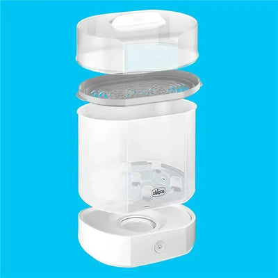 Chicco Steam Sterilizer 3-In-1 Modular System with transparent compartments and a base featuring a power button.
