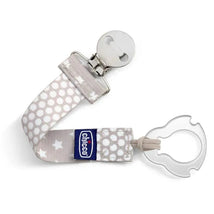 Chicco Universal Two-in-One Fashion Pacifier Clip in grey with polka dot design and star details, features a clip and pacifier holder.