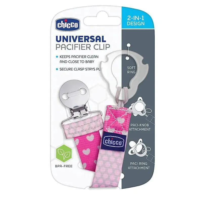 Chicco Universal Two-in-One Fashion Pacifier Clip in pink with heart patterns, featuring a secure clasp and soft ring attachment.