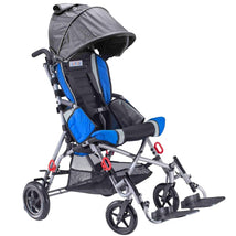 Adaptive stroller Strive ST1600 in blue with a grey canopy, adjustable seating, and footrests, designed for mobility.