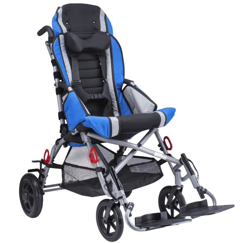 Adaptive stroller in blue with cushioned seat, harness, footrests, and storage basket; designed for mobility assistance.