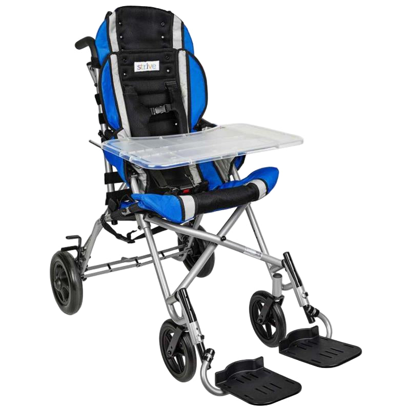 Adaptive stroller Strive ST1600 in blue with a transparent tray, designed for mobility and support.