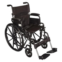 Pediatric wheelchair with an 18” seat width, featuring a black fabric seat, adjustable footrests, and large rear wheels.