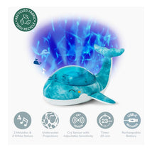 Eco Tranquil Whale in blue, with underwater projections, plays melodies and white noises, features a cry sensor, and is USB rechargeable.