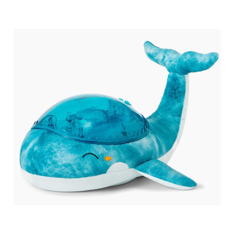Blue plush whale with a translucent turquoise dome, designed to provide soothing sounds for children.