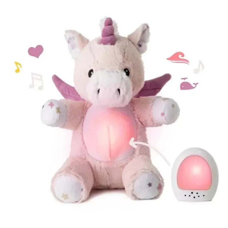 Plush unicorn toy with a glowing pink belly, designed to soothe with light and music, accompanied by a sound module.