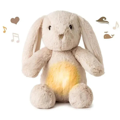 Soft beige bunny stuffed animal with a glowing belly, surrounded by musical notes and hearts.
