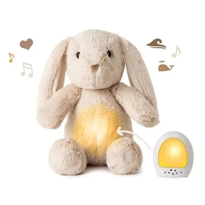 Soft beige bunny stuffed animal with a glowing belly, accompanied by a small night light.