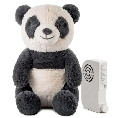 Stuffed panda with soothing sound machine, featuring a white and gray design, aimed at calming children.