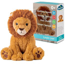 Cuddly stuffed lion named Louis with plush fur, featuring soothing sounds, volume control, and auto shutoff, next to its packaging.