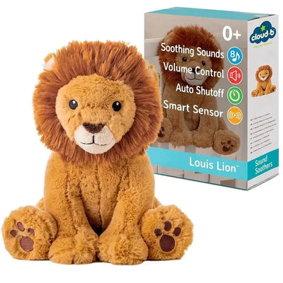 Cuddly stuffed lion named Louis with plush fur, featuring soothing sounds, volume control, and auto shutoff, next to its packaging.