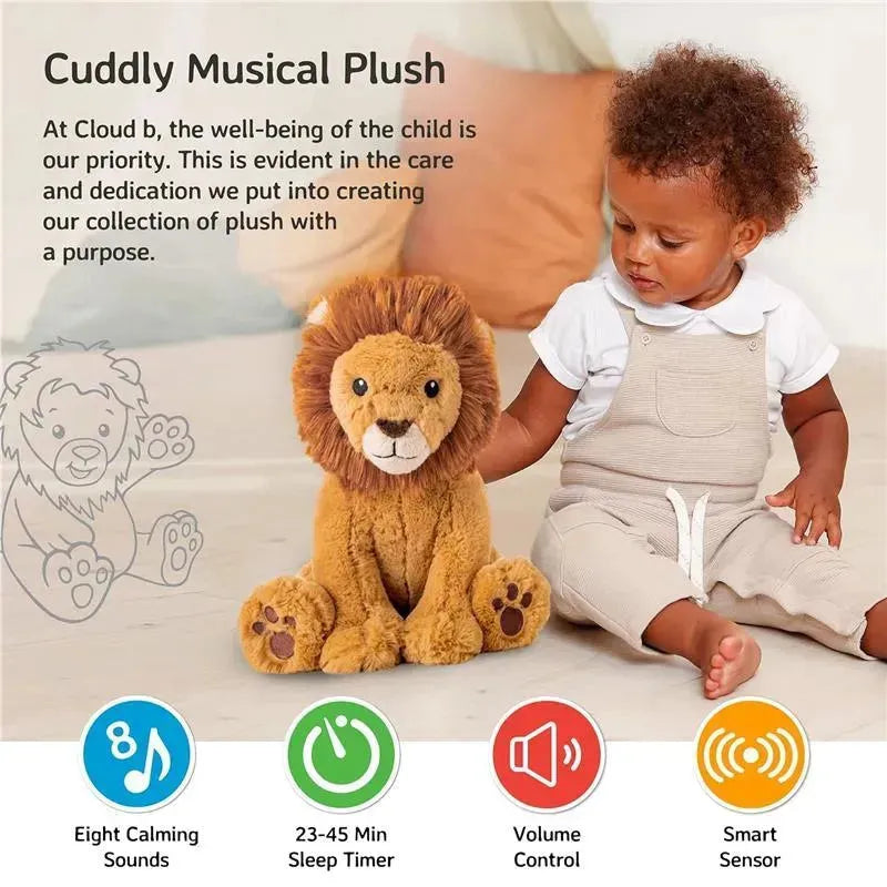 Cuddly lion plush from Cloud B with a child beside it, featuring calming sounds and volume control options.