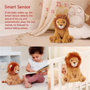 Cuddly stuffed lion toy with smart sensor feature, playing lullabies for babies; child reading nearby and another child sleeping.