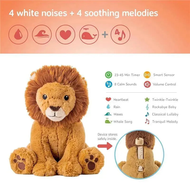 Cuddly stuffed lion named Louis, featuring 4 soothing sounds, volume control, and a smart sensor for calming sleep.