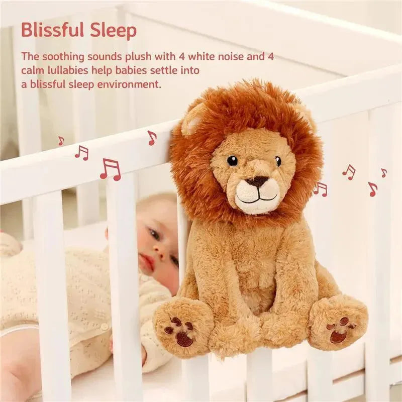 Cuddly Louis The Lion plush soothes babies with 4 white noise and lullabies, promoting restful sleep in a crib.