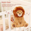 Cuddly Louis The Lion plush soothes babies with 4 white noise and lullabies, promoting restful sleep in a crib.