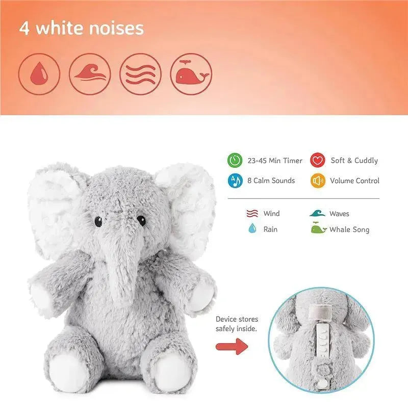 Gray plush elephant toy, Elliot, features 8 calming sounds, timer, and volume control, ideal for soothing babies.