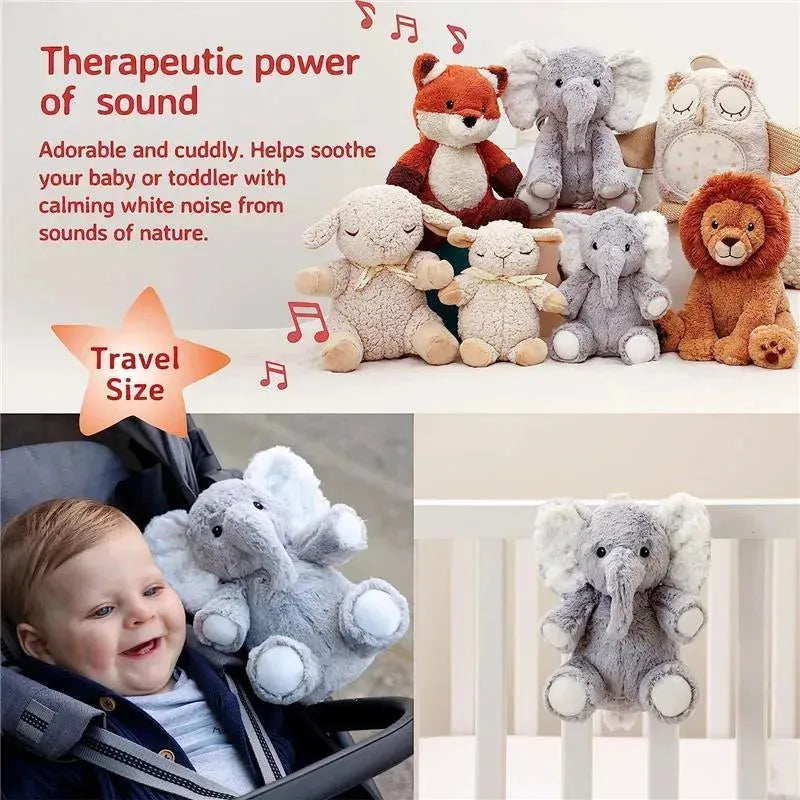 Sound machine featuring a grey elephant plush, soothing sounds, and a baby enjoying it in a stroller; includes travel size info.