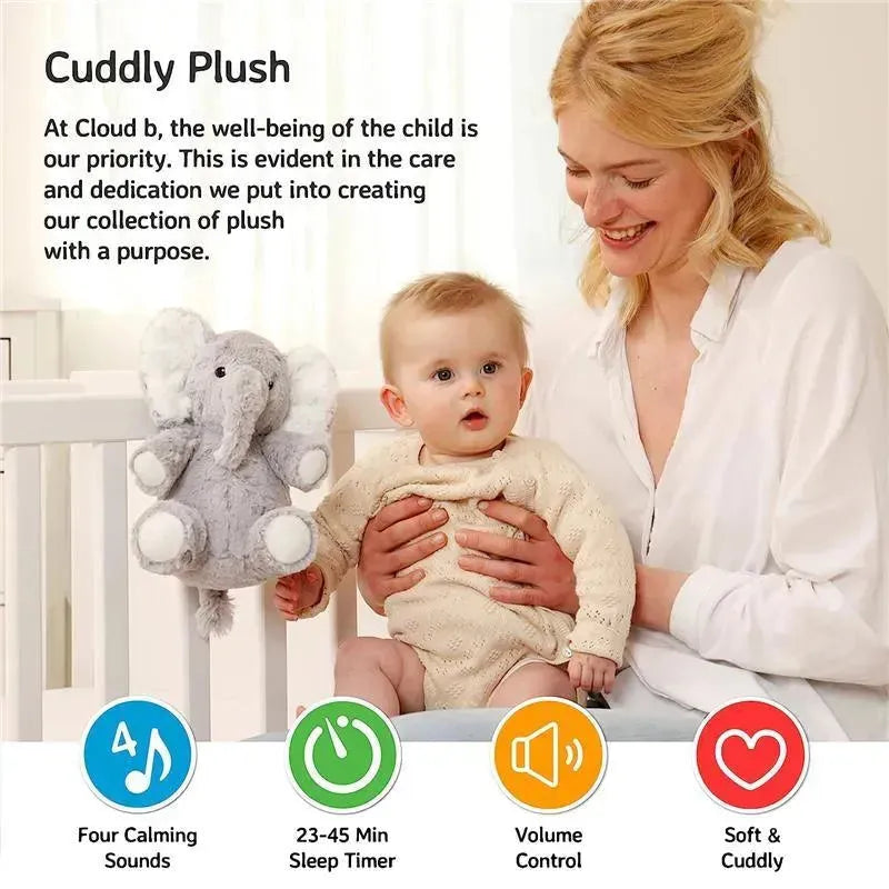 Gray plush elephant toy is held by a woman with a baby, showcasing features like calming sounds, sleep timer, and volume control.