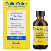 Colic Calm liquid dietary supplement for baby gas relief, featuring a yellow box with blue text and a dark bottle.