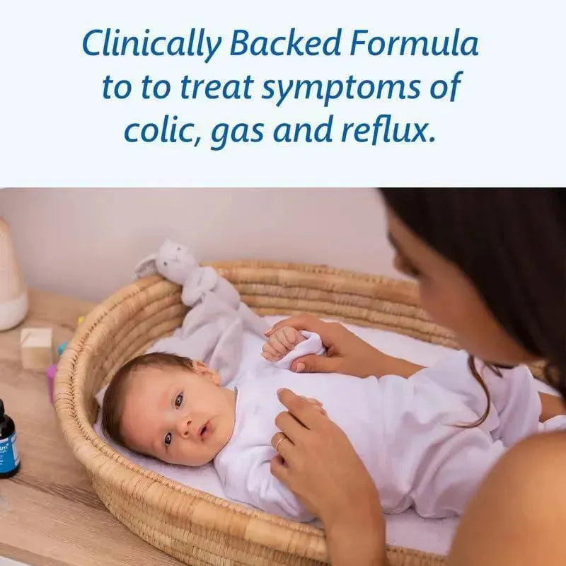 Clinically backed formula for treating colic, gas, and reflux, with a baby in a basket and a caregiver gently holding their hand.