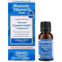 Infant and child probiotic drops in a brown bottle next to a blue box, promoting gut and digestive health with Vitamin D.