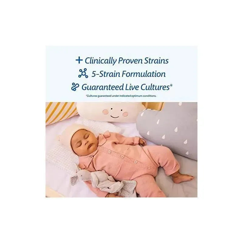 Infant sleeping peacefully in pink onesie, with a plush toy in hand, near text highlighting probiotic benefits.