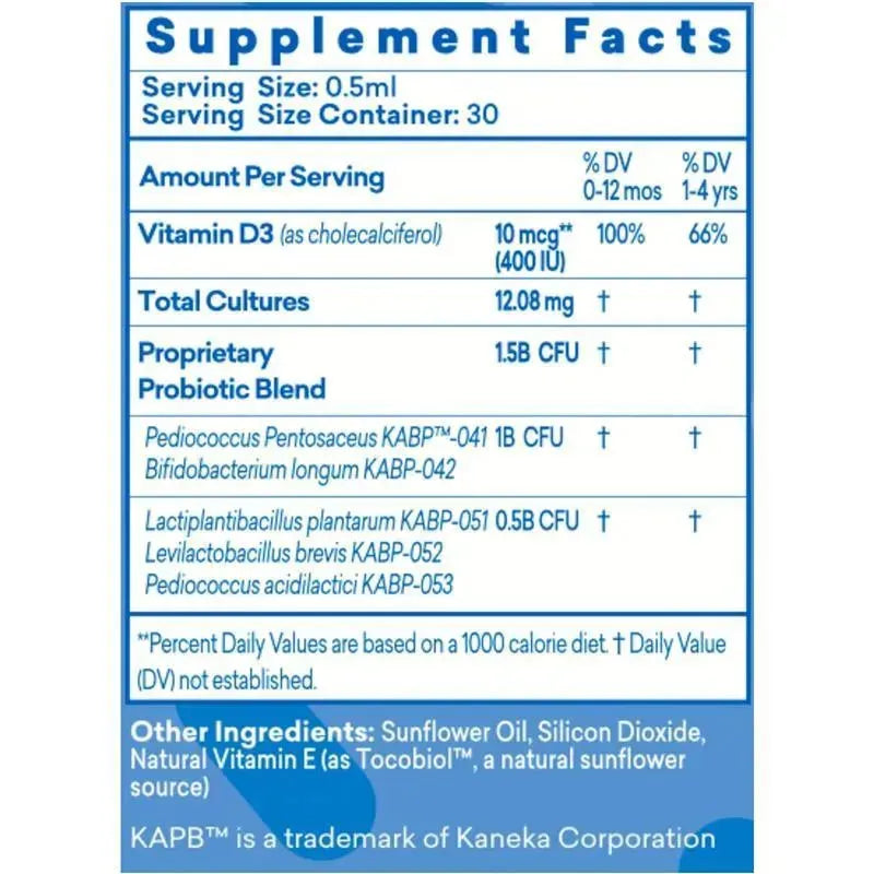 Supplement facts for Colic Calm probiotic drops, detailing ingredients, serving sizes, and beneficial cultures for gut health.