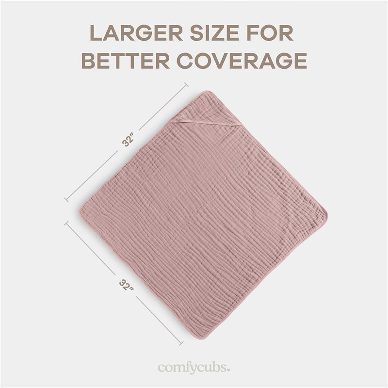 Hooded baby towel set in mauve and blush, measuring 32 inches, highlighting larger size for better coverage.