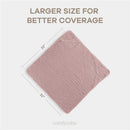 Hooded baby towel set in mauve and blush, measuring 32 inches, highlighting larger size for better coverage.