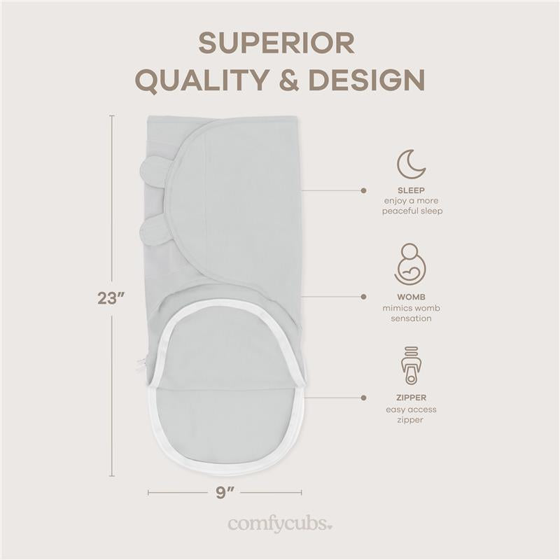 Soft, gray zippered swaddle blanket with height and width dimensions, featuring sleep and womb sensation benefits.