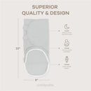 Soft, gray zippered swaddle blanket with height and width dimensions, featuring sleep and womb sensation benefits.