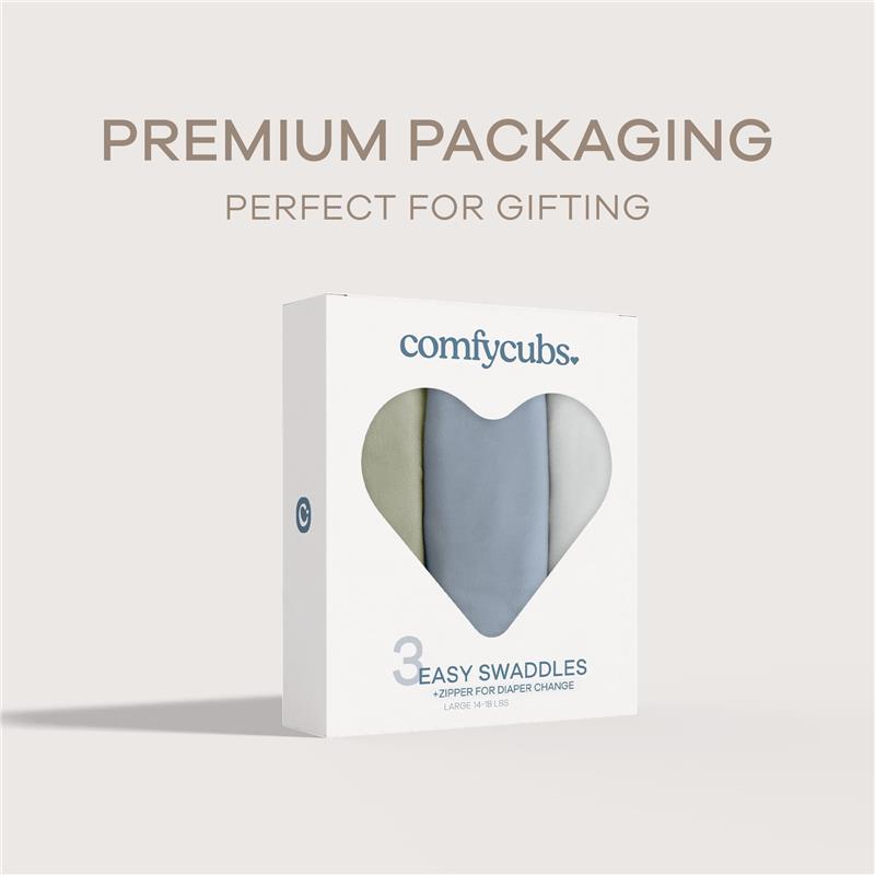Comfy Cubs 3-pack Easy Swaddle Blankets in stone, Pacific blue, and sage, featuring a zipper closure for diaper changes.