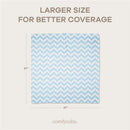 Muslin swaddle blanket in blue with a chevron pattern, measuring 47 inches by 47 inches, labeled for better coverage.