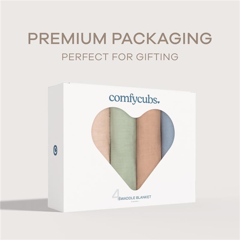 Comfy Cubs 4-pack of muslin swaddle blankets in pastel colors, packaged in a stylish box with a heart-shaped window.