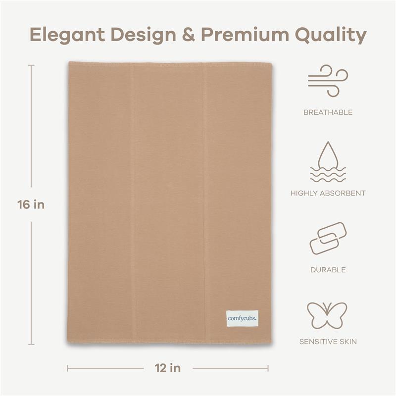 Soft beige baby burp cloth with dimensions, featuring icons for breathable, highly absorbent, durable, and sensitive skin.