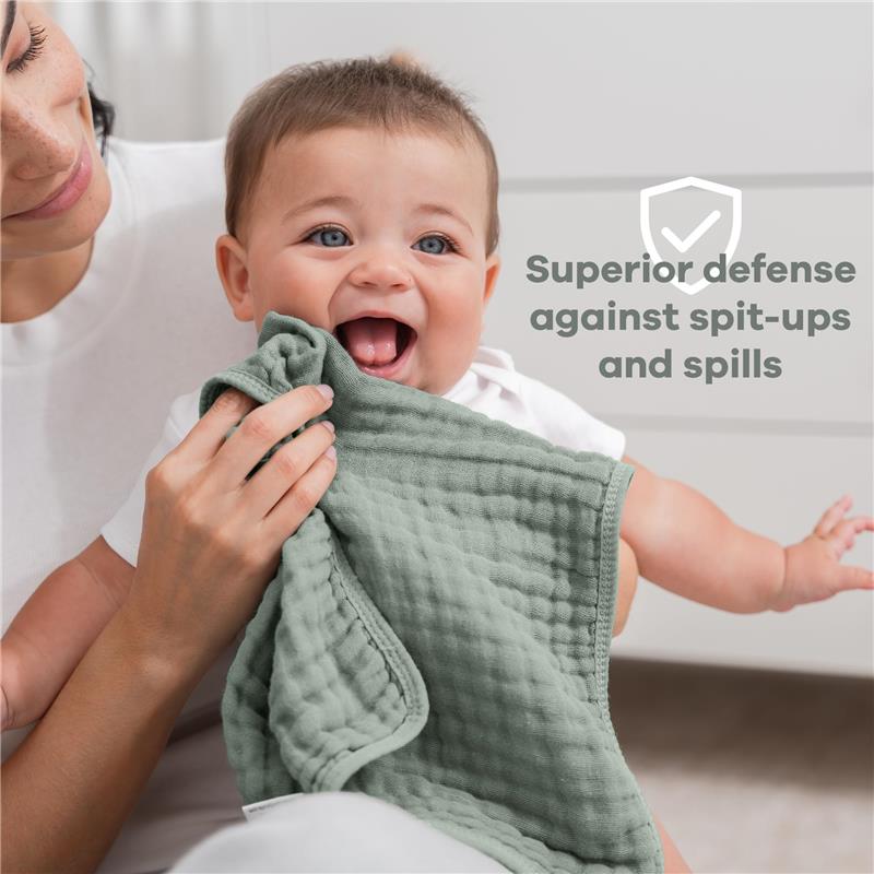 Comfy Cubs 6Pk Muslin Burp Cloths in fern color, with a happy baby and caregiver showcasing their use for spit-ups and spills.
