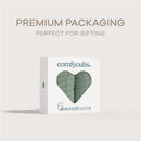 Comfy Cubs 6-pack of muslin burp cloths in premium packaging, featuring a heart-shaped window to display soft green cloths.