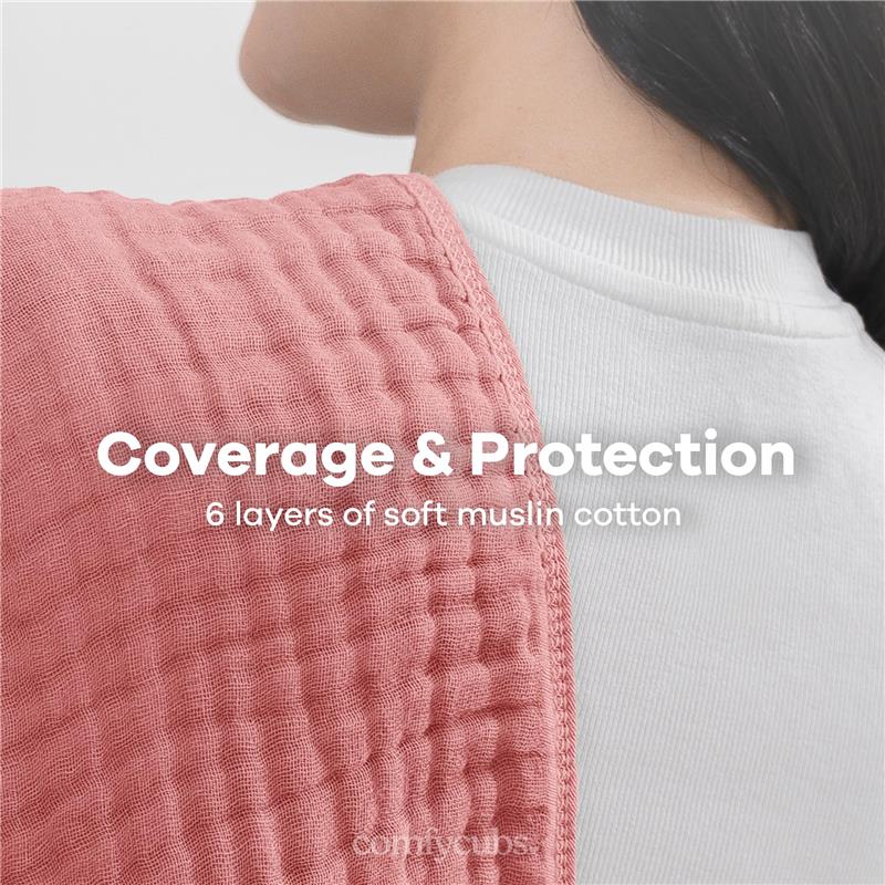 Muslin burp cloth in soft pink, highlighting six layers of cotton for coverage and protection, with text overlay.