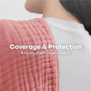 Muslin burp cloth in soft pink, highlighting six layers of cotton for coverage and protection, with text overlay.