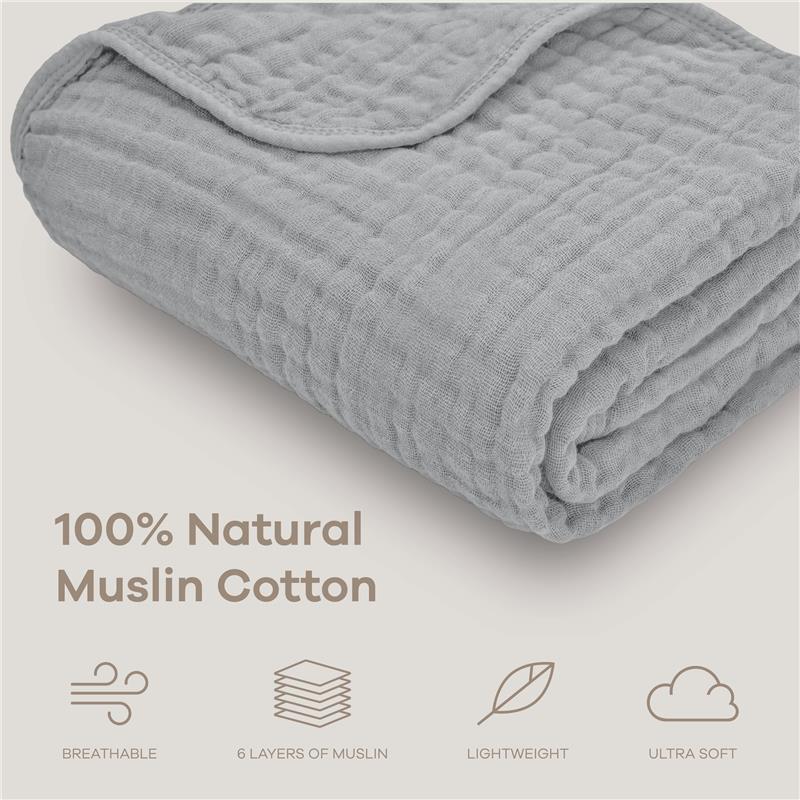 Heather blue muslin baby blanket made from 100% natural cotton, featuring six layers, breathable, lightweight, and ultra-soft.
