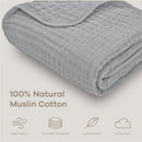 Heather blue muslin baby blanket made from 100% natural cotton, featuring six layers, breathable, lightweight, and ultra-soft.