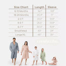 Muslin kids bathrobe in sage, displayed alongside size chart and models wearing various colors.