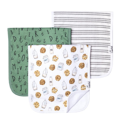 Three premium baby burp cloths from Copper Pearl in a chip set featuring alphabet letters, milk and cookies, and a striped design.
