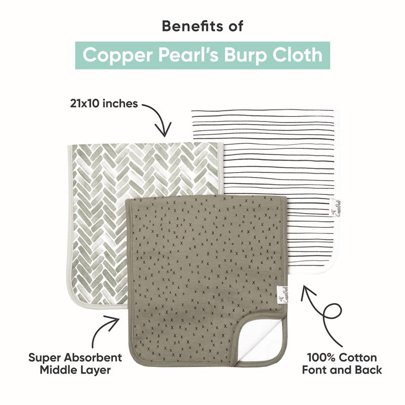 Three Copper Pearl premium baby burp cloths in various patterns, labeled with benefits, sizes, and material details.