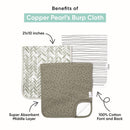 Three Copper Pearl premium baby burp cloths in various patterns, labeled with benefits, sizes, and material details.